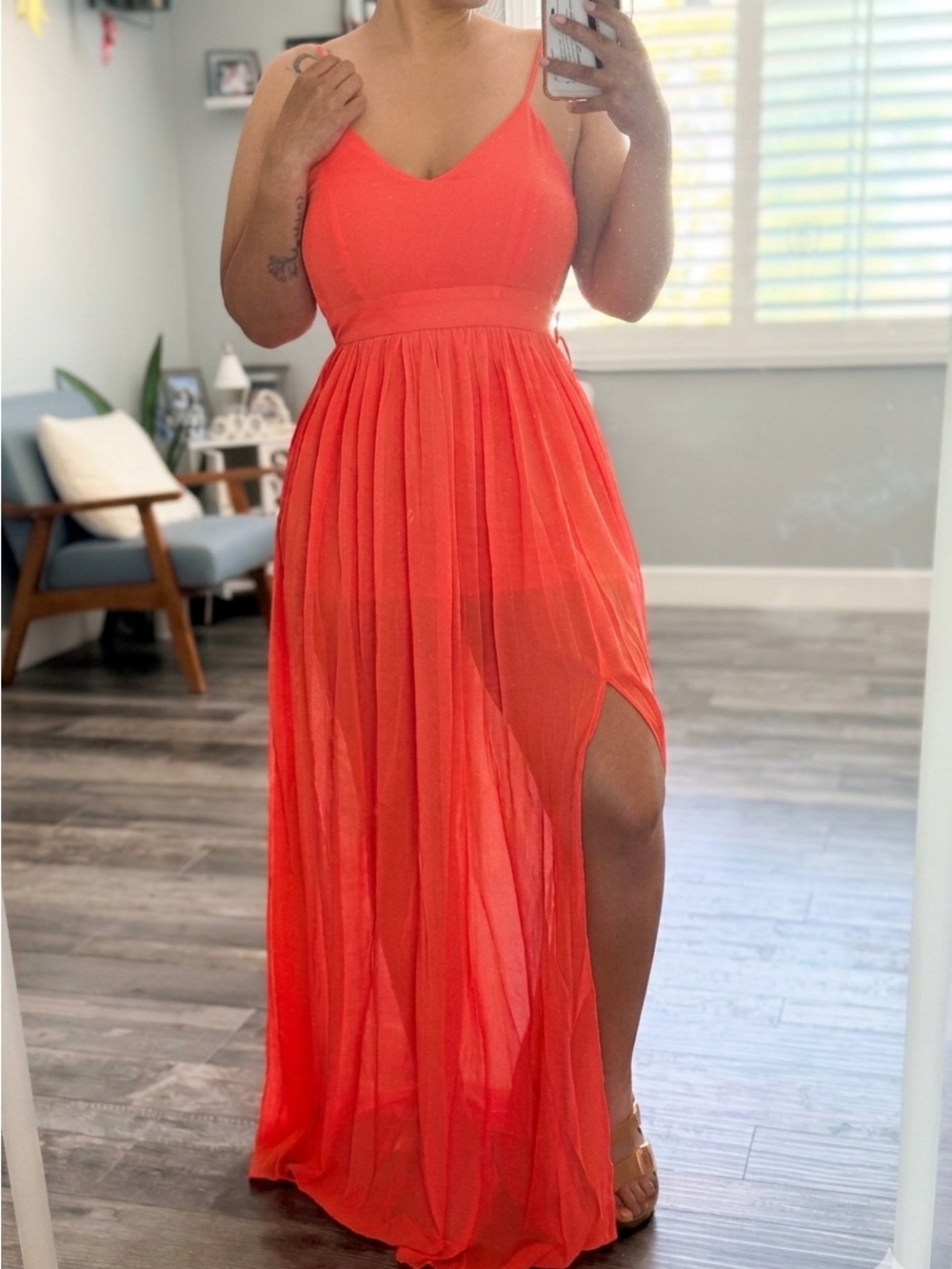 Coral Spaghetti-Strap Maxi Dress with High Side Slit